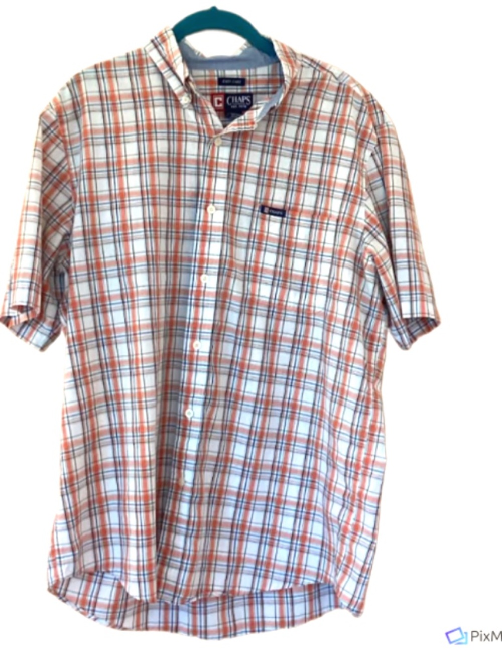 Chaps Easy Care Mens Orange, White and Blue Check Short Sleeve Shirt, L
